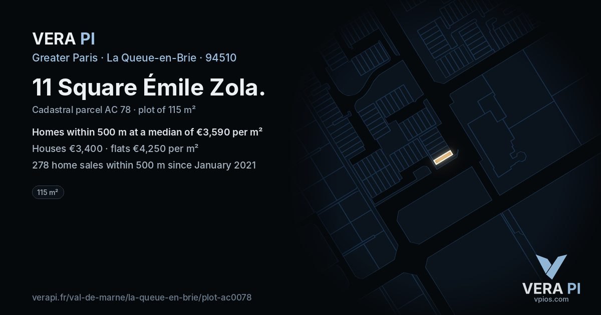 11 Square Émile Zola, La Queue-en-Brie at night – the plot lit, the parcels around coloured by the prices near them