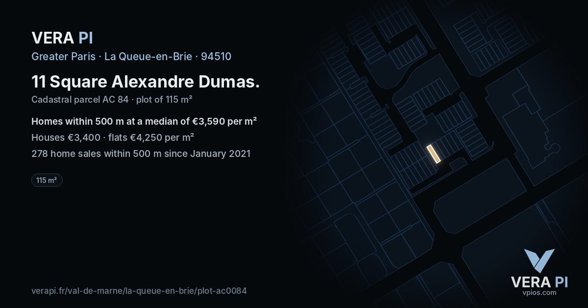 11 Square Alexandre Dumas, La Queue-en-Brie at night – the plot lit, the parcels around coloured by the prices near them