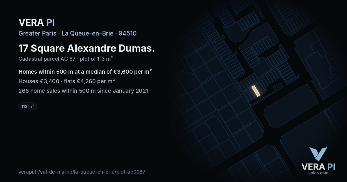 17 Square Alexandre Dumas, La Queue-en-Brie at night – the plot lit, the parcels around coloured by the prices near them