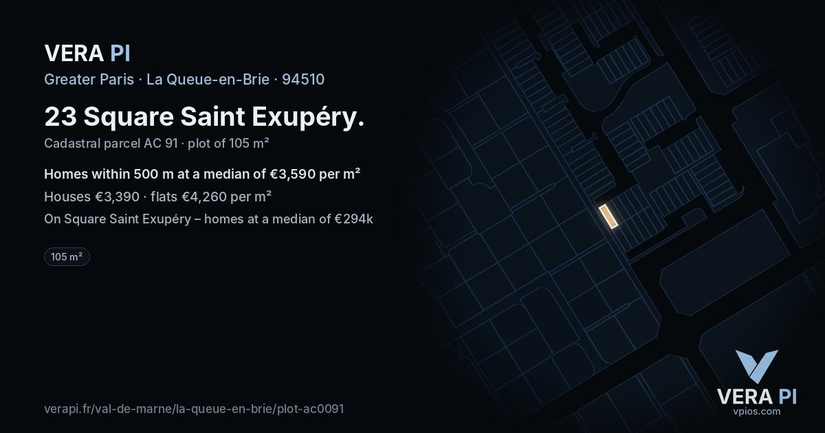 23 Square Saint Exupéry, La Queue-en-Brie at night – the plot lit, the parcels around coloured by the prices near them