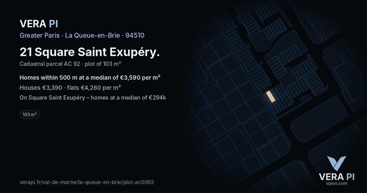 21 Square Saint Exupéry, La Queue-en-Brie at night – the plot lit, the parcels around coloured by the prices near them