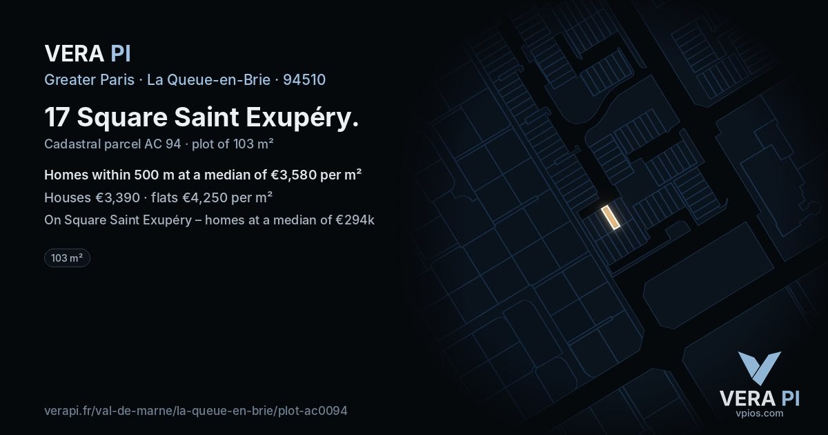 17 Square Saint Exupéry, La Queue-en-Brie at night – the plot lit, the parcels around coloured by the prices near them