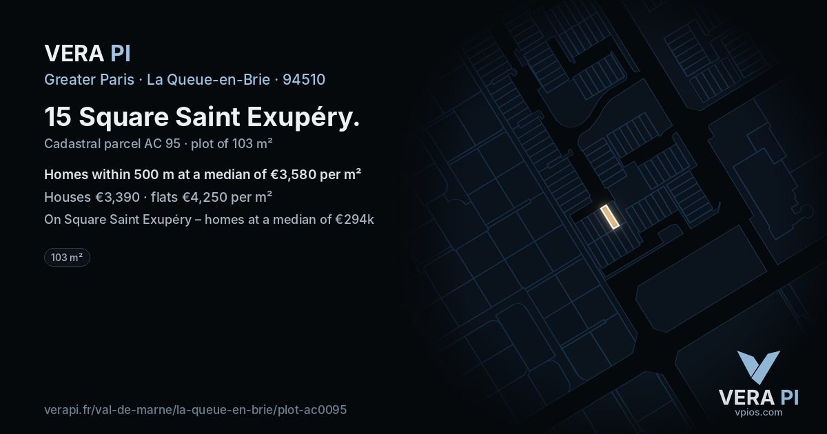 15 Square Saint Exupéry, La Queue-en-Brie at night – the plot lit, the parcels around coloured by the prices near them