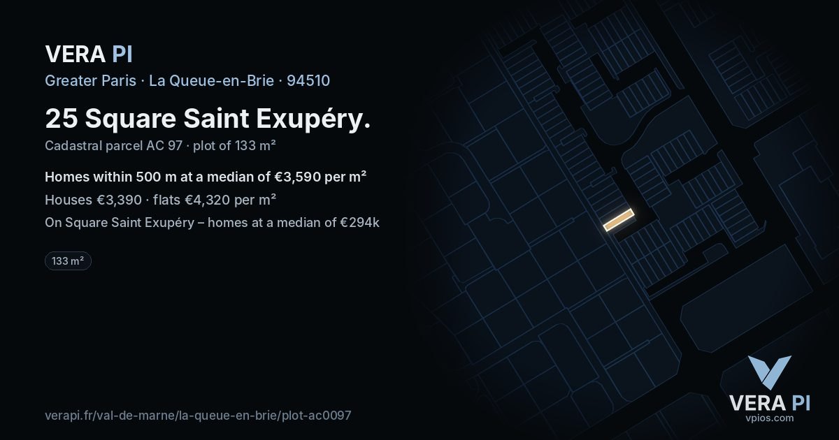 25 Square Saint Exupéry, La Queue-en-Brie at night – the plot lit, the parcels around coloured by the prices near them