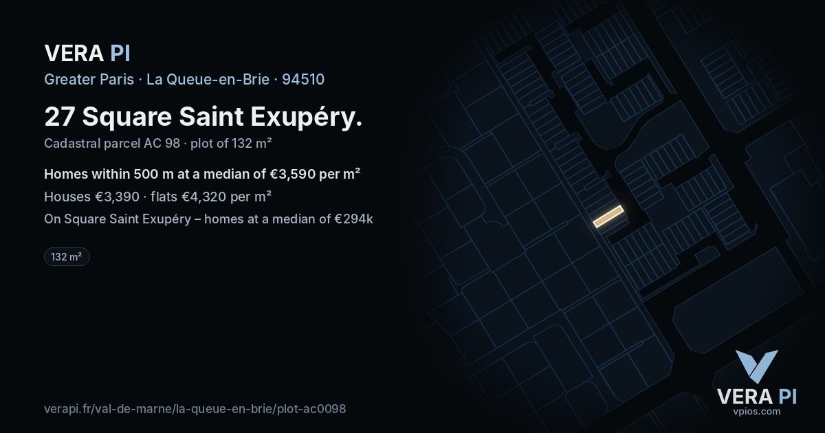 27 Square Saint Exupéry, La Queue-en-Brie at night – the plot lit, the parcels around coloured by the prices near them