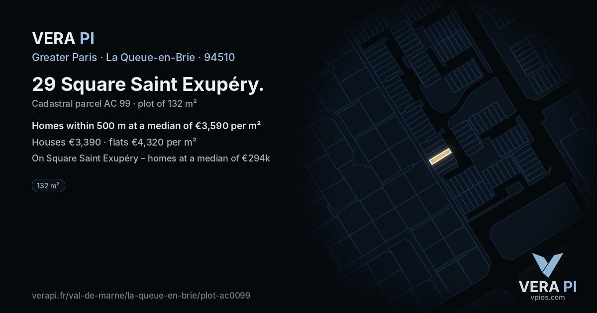 29 Square Saint Exupéry, La Queue-en-Brie at night – the plot lit, the parcels around coloured by the prices near them