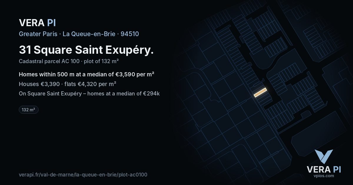 31 Square Saint Exupéry, La Queue-en-Brie at night – the plot lit, the parcels around coloured by the prices near them