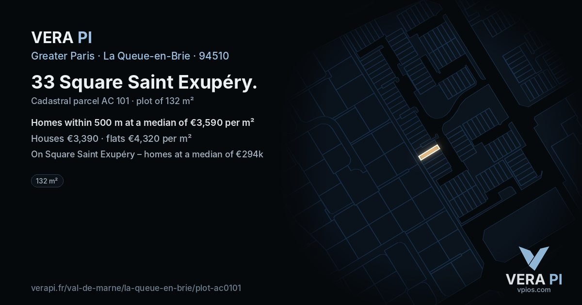 33 Square Saint Exupéry, La Queue-en-Brie at night – the plot lit, the parcels around coloured by the prices near them