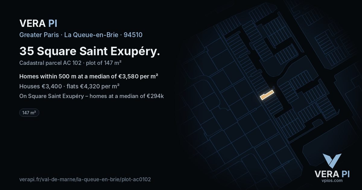 35 Square Saint Exupéry, La Queue-en-Brie at night – the plot lit, the parcels around coloured by the prices near them