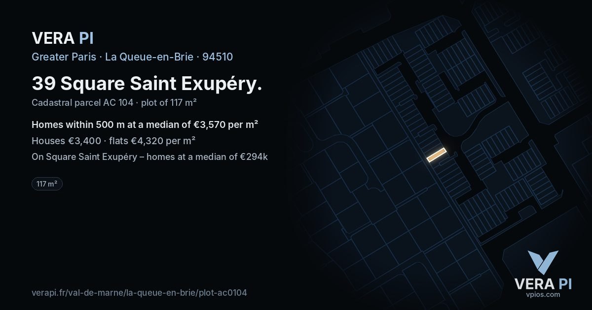 39 Square Saint Exupéry, La Queue-en-Brie at night – the plot lit, the parcels around coloured by the prices near them