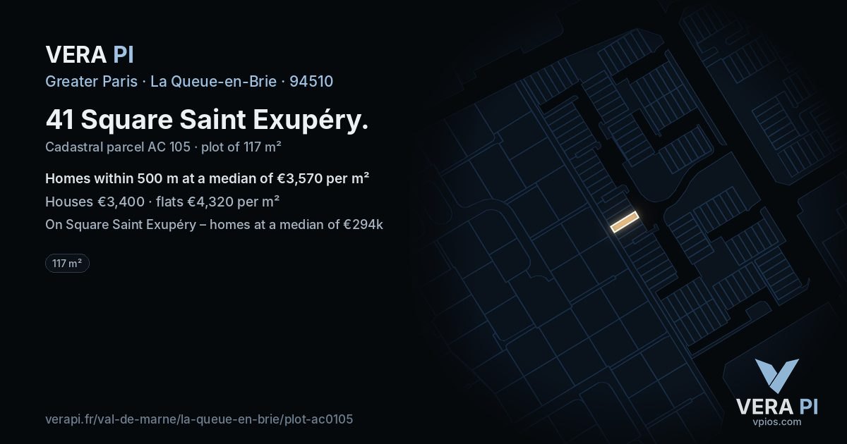 41 Square Saint Exupéry, La Queue-en-Brie at night – the plot lit, the parcels around coloured by the prices near them