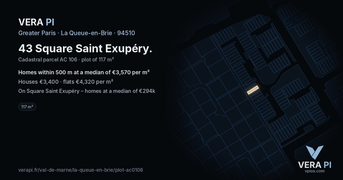 43 Square Saint Exupéry, La Queue-en-Brie at night – the plot lit, the parcels around coloured by the prices near them