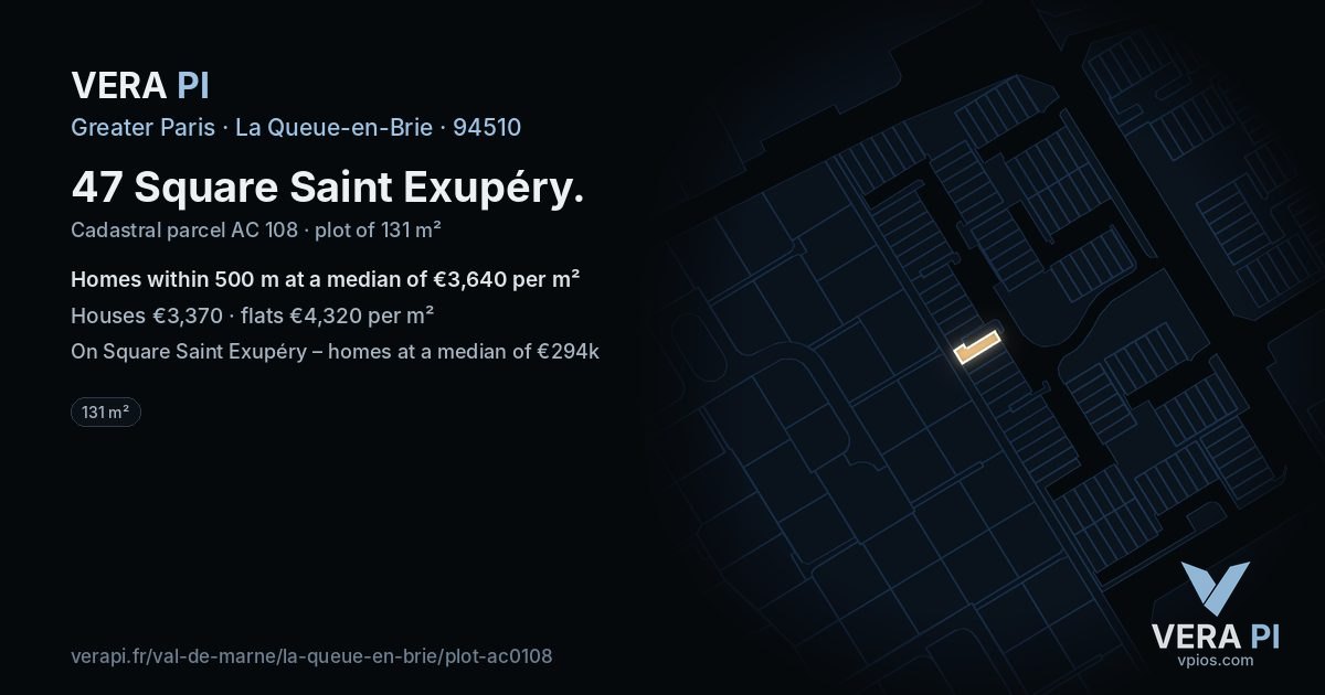 47 Square Saint Exupéry, La Queue-en-Brie at night – the plot lit, the parcels around coloured by the prices near them
