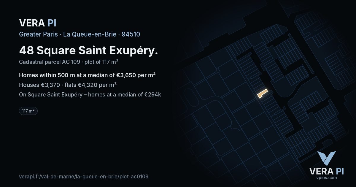 48 Square Saint Exupéry, La Queue-en-Brie at night – the plot lit, the parcels around coloured by the prices near them