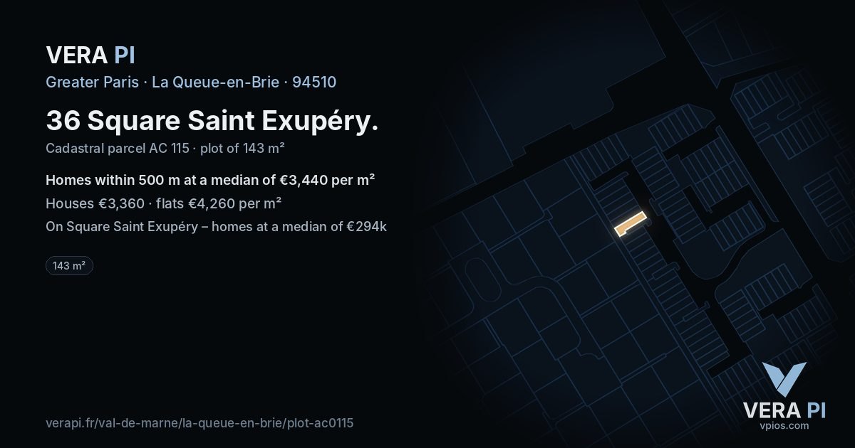 36 Square Saint Exupéry, La Queue-en-Brie at night – the plot lit, the parcels around coloured by the prices near them