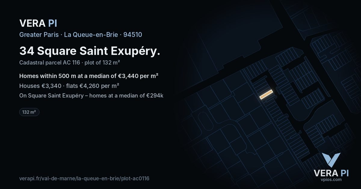 34 Square Saint Exupéry, La Queue-en-Brie at night – the plot lit, the parcels around coloured by the prices near them