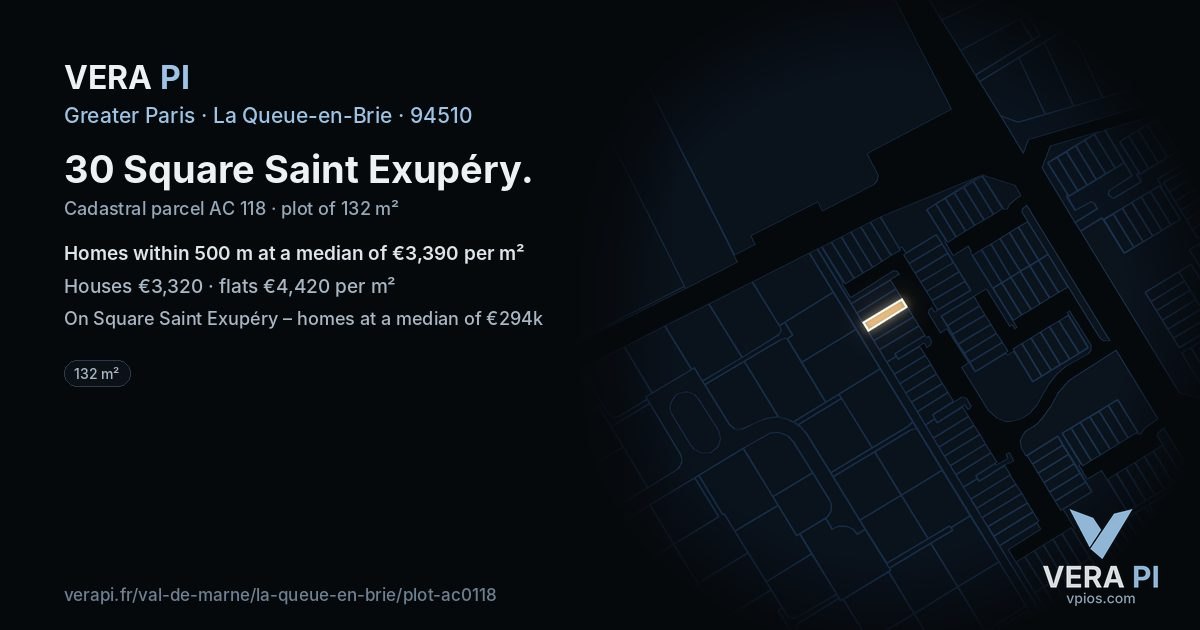 30 Square Saint Exupéry, La Queue-en-Brie at night – the plot lit, the parcels around coloured by the prices near them