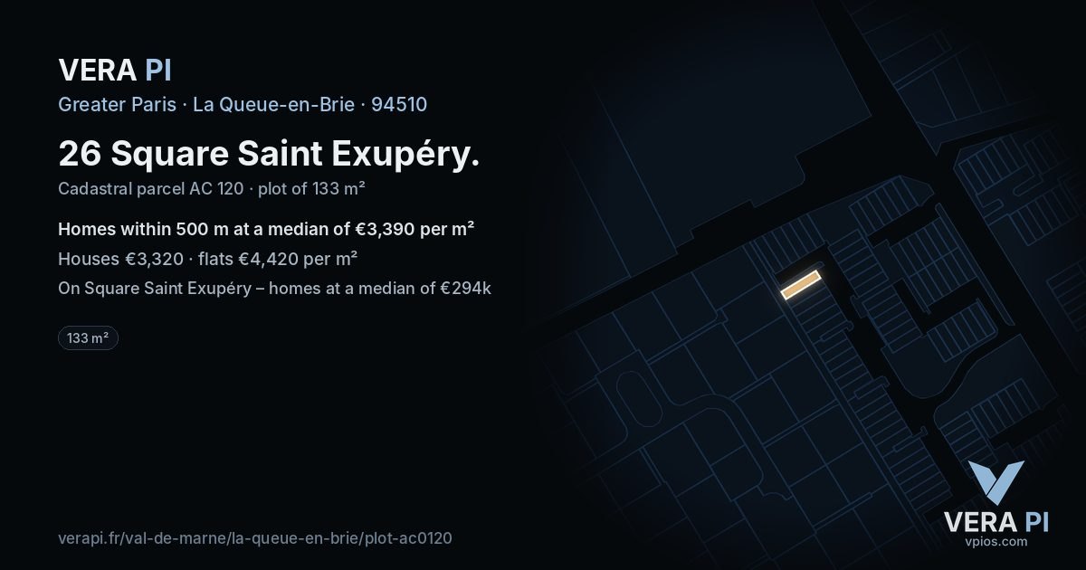 26 Square Saint Exupéry, La Queue-en-Brie at night – the plot lit, the parcels around coloured by the prices near them