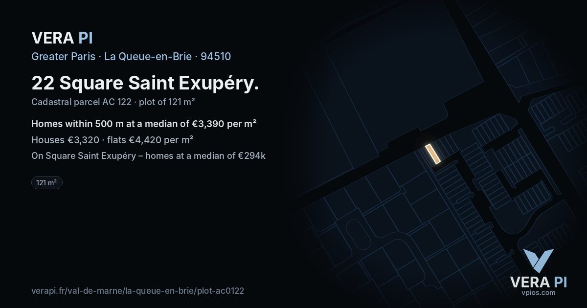 22 Square Saint Exupéry, La Queue-en-Brie at night – the plot lit, the parcels around coloured by the prices near them