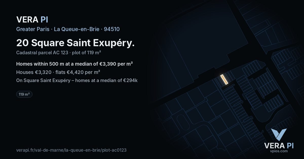 20 Square Saint Exupéry, La Queue-en-Brie at night – the plot lit, the parcels around coloured by the prices near them