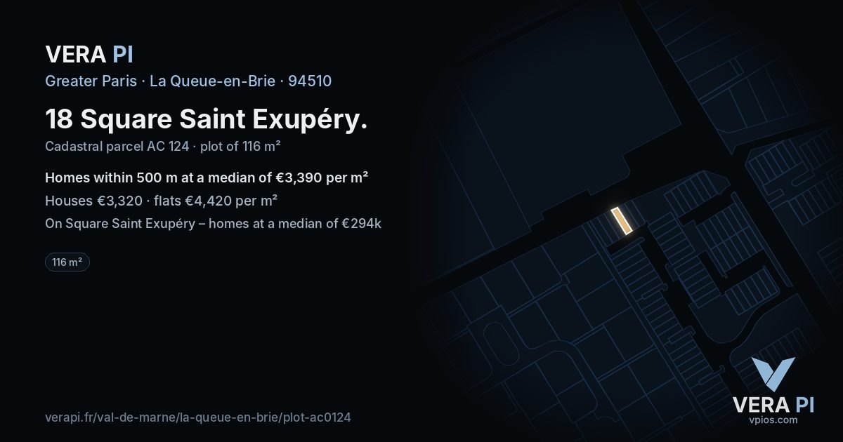 18 Square Saint Exupéry, La Queue-en-Brie at night – the plot lit, the parcels around coloured by the prices near them