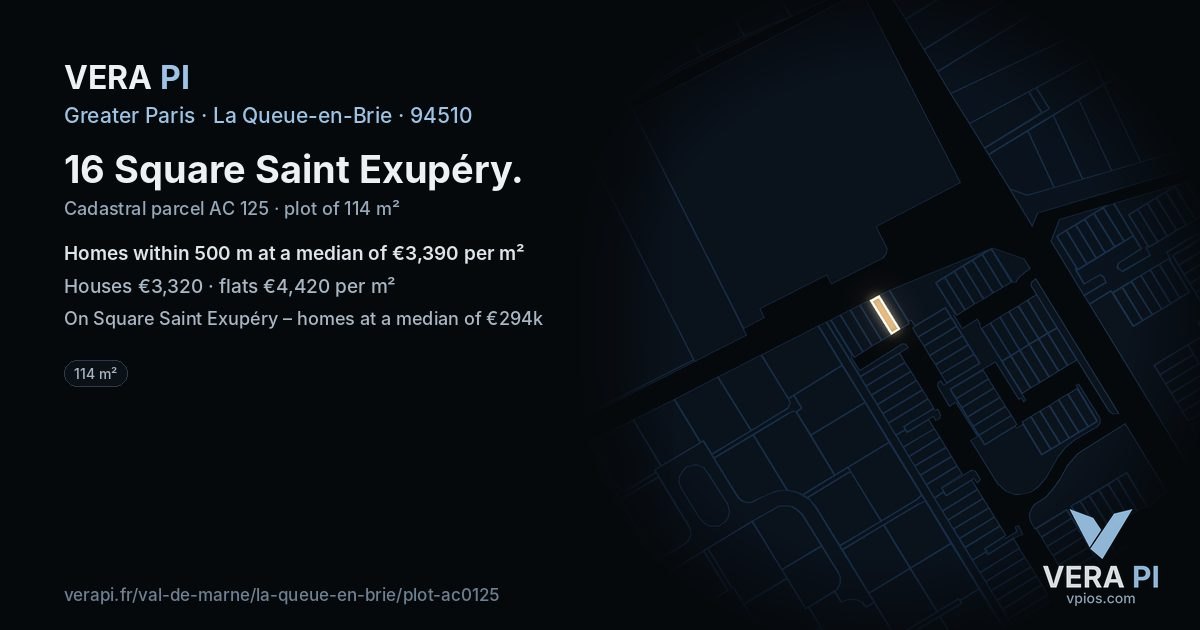 16 Square Saint Exupéry, La Queue-en-Brie at night – the plot lit, the parcels around coloured by the prices near them