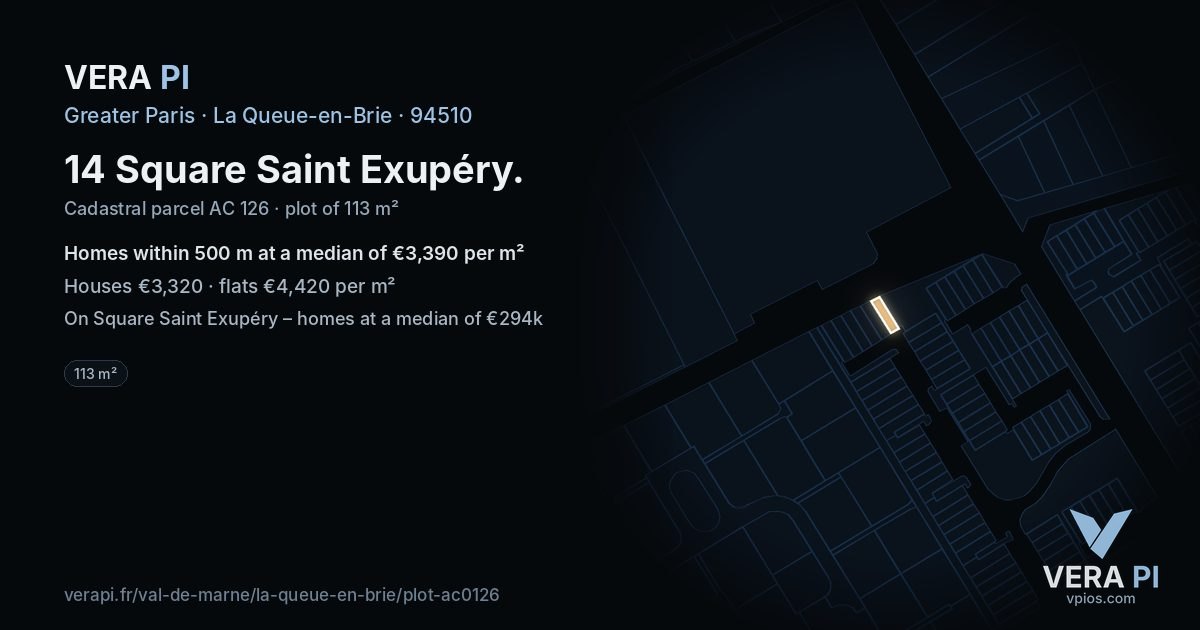 14 Square Saint Exupéry, La Queue-en-Brie at night – the plot lit, the parcels around coloured by the prices near them