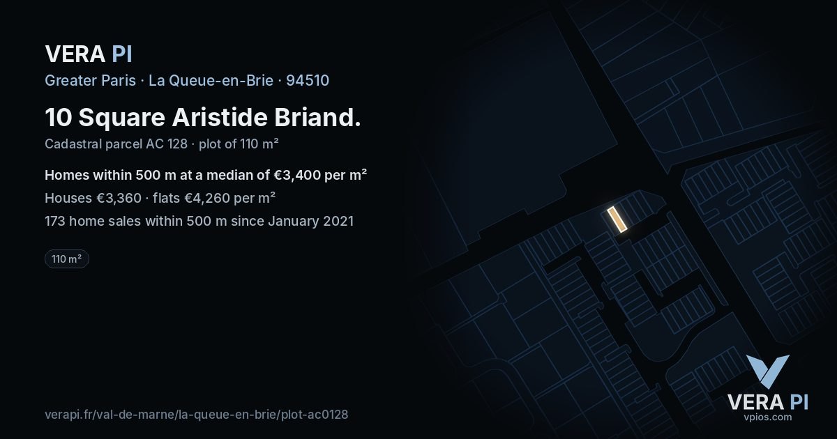 10 Square Aristide Briand, La Queue-en-Brie at night – the plot lit, the parcels around coloured by the prices near them