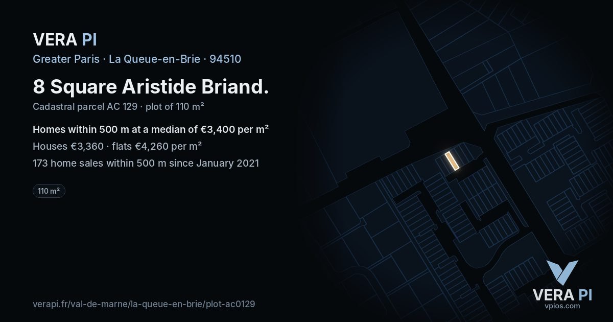 8 Square Aristide Briand, La Queue-en-Brie at night – the plot lit, the parcels around coloured by the prices near them