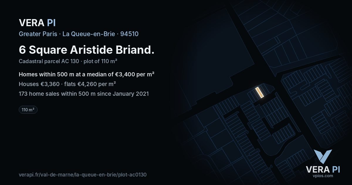 6 Square Aristide Briand, La Queue-en-Brie at night – the plot lit, the parcels around coloured by the prices near them