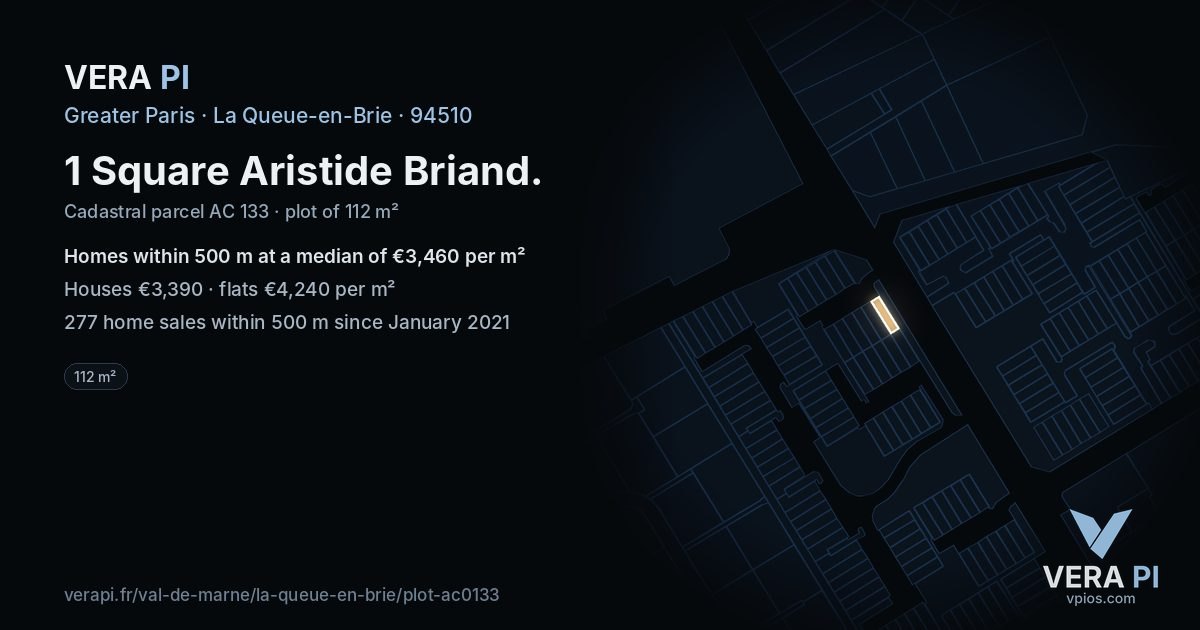 1 Square Aristide Briand, La Queue-en-Brie at night – the plot lit, the parcels around coloured by the prices near them