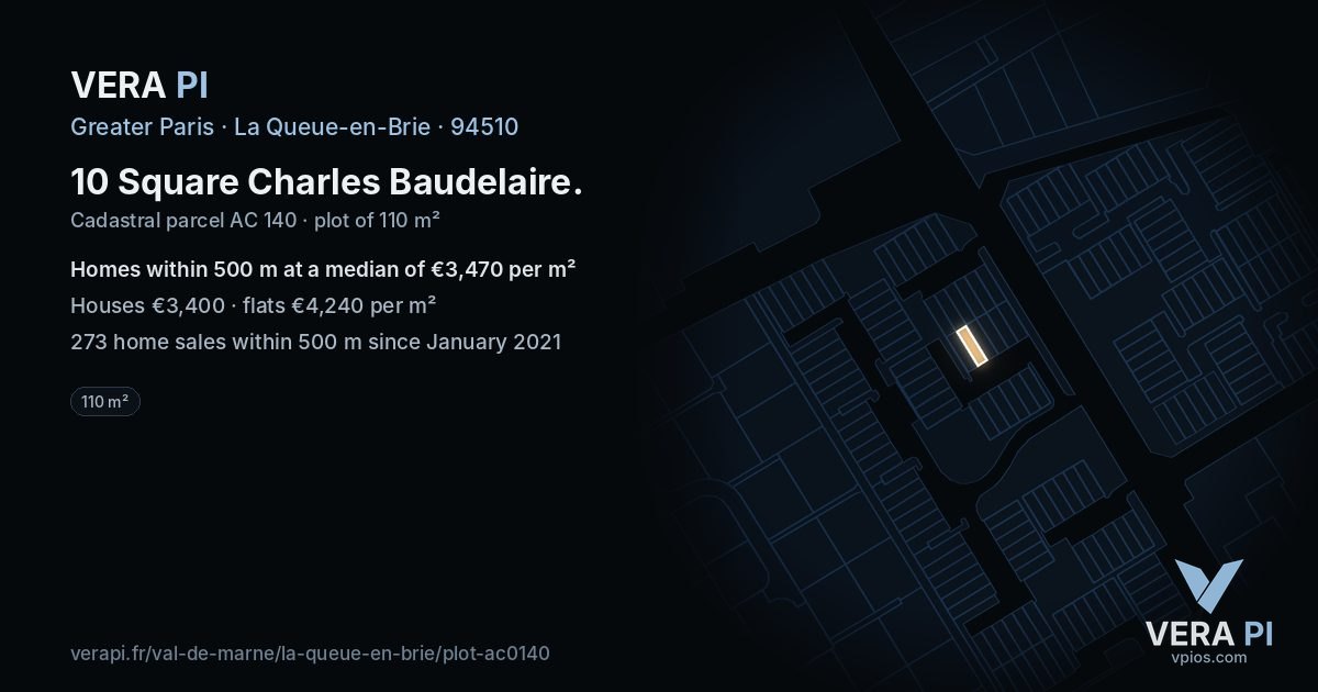 10 Square Charles Baudelaire, La Queue-en-Brie at night – the plot lit, the parcels around coloured by the prices near them