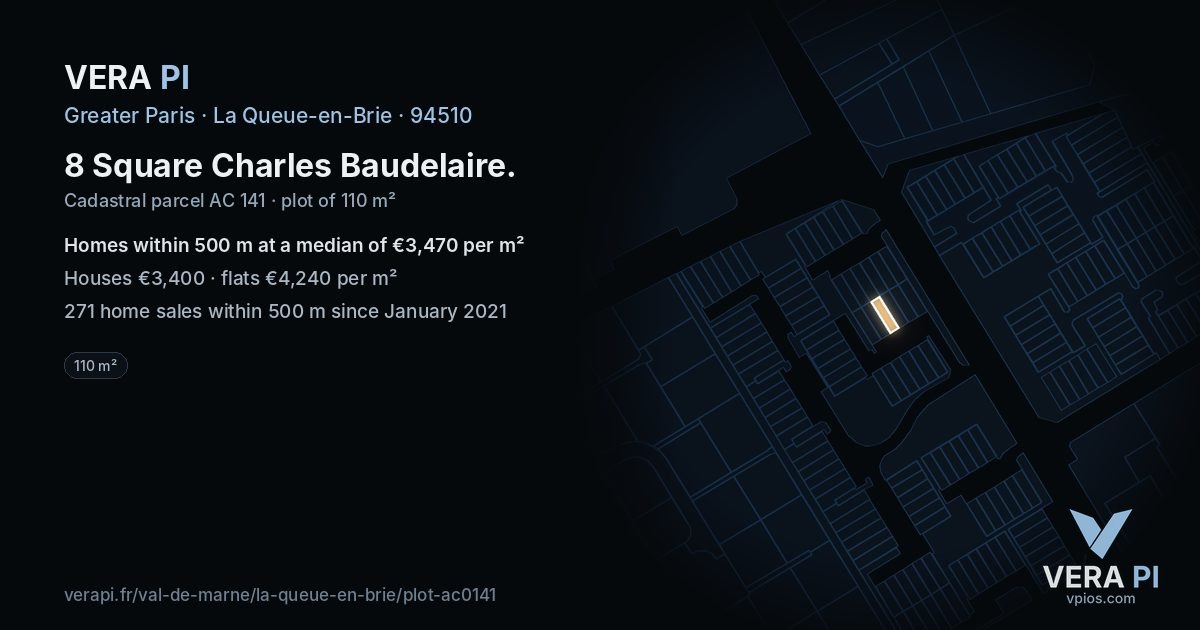 8 Square Charles Baudelaire, La Queue-en-Brie at night – the plot lit, the parcels around coloured by the prices near them