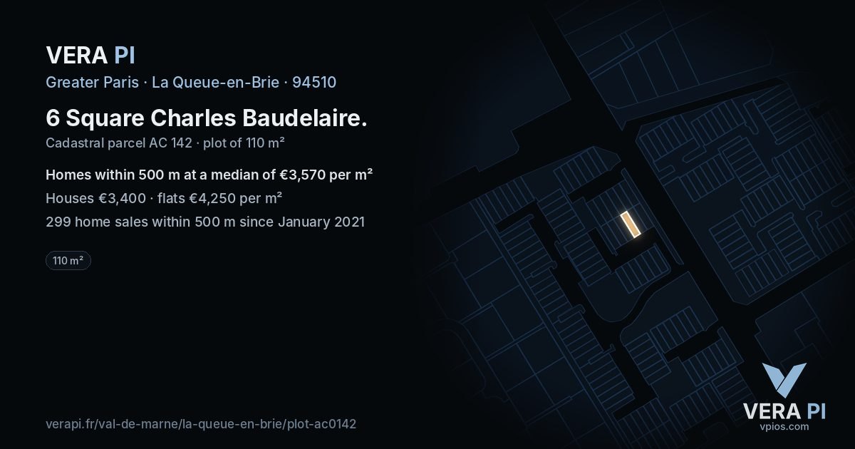 6 Square Charles Baudelaire, La Queue-en-Brie at night – the plot lit, the parcels around coloured by the prices near them