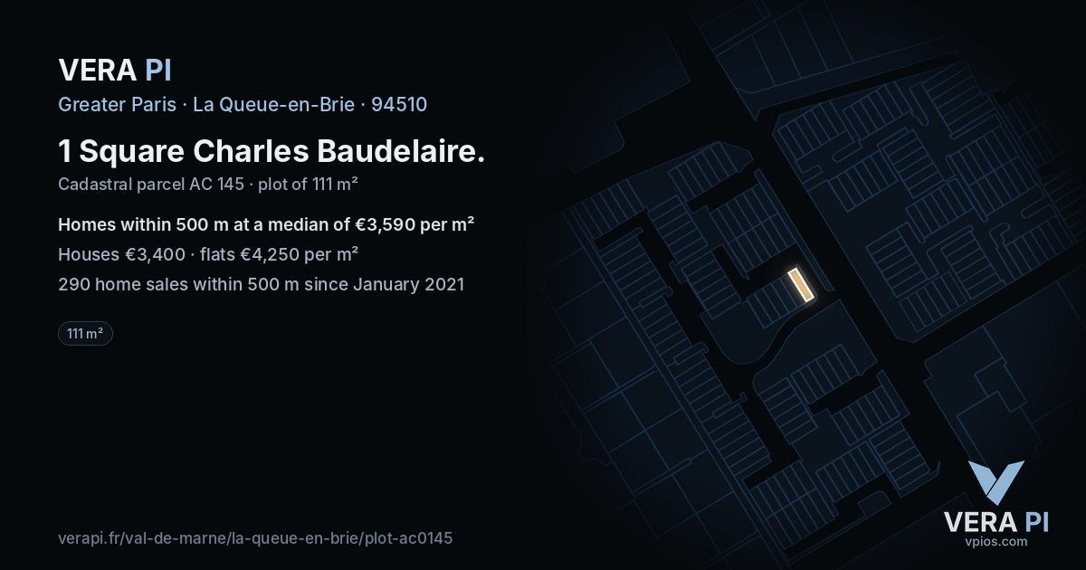 1 Square Charles Baudelaire, La Queue-en-Brie at night – the plot lit, the parcels around coloured by the prices near them
