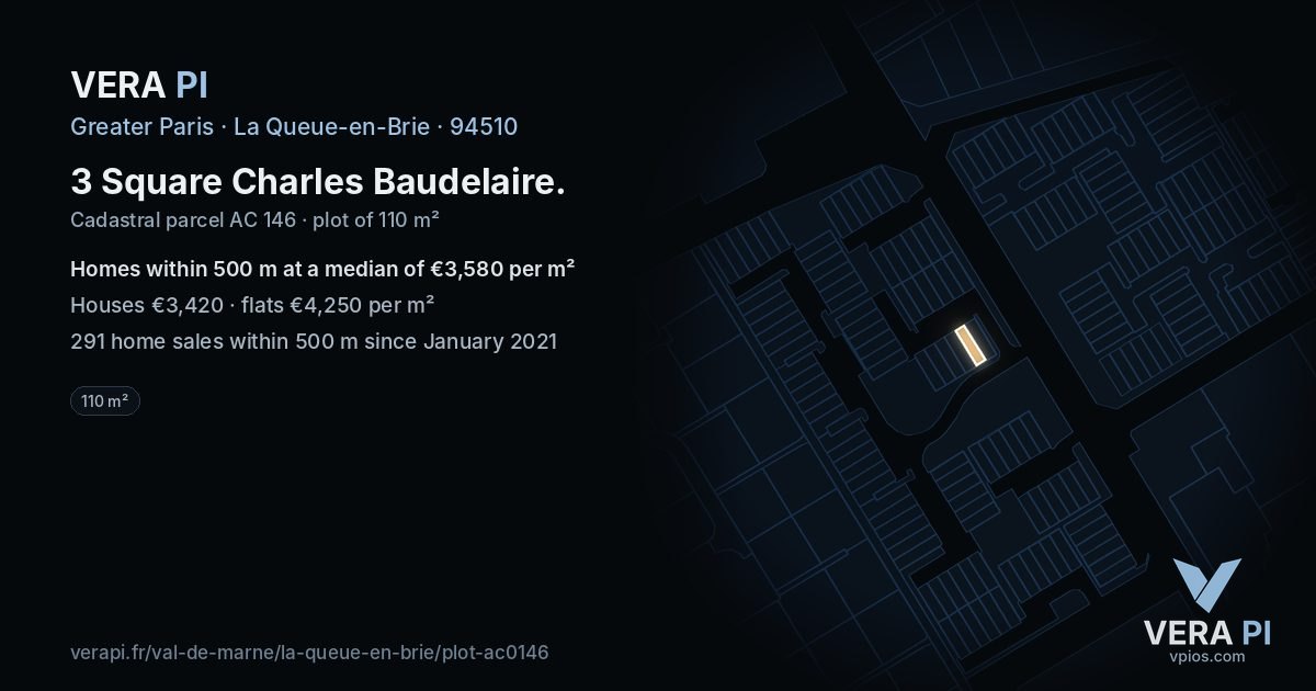 3 Square Charles Baudelaire, La Queue-en-Brie at night – the plot lit, the parcels around coloured by the prices near them