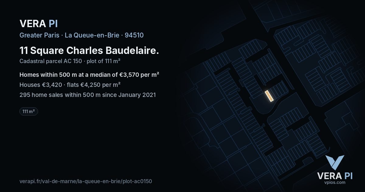 11 Square Charles Baudelaire, La Queue-en-Brie at night – the plot lit, the parcels around coloured by the prices near them