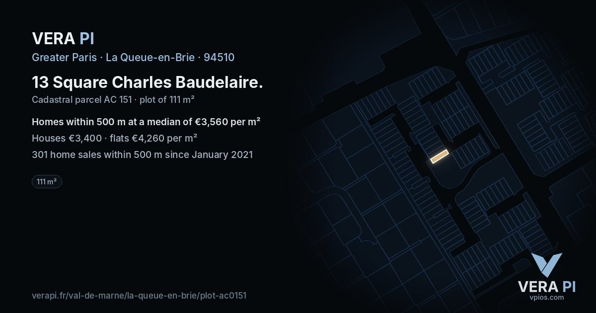 13 Square Charles Baudelaire, La Queue-en-Brie at night – the plot lit, the parcels around coloured by the prices near them
