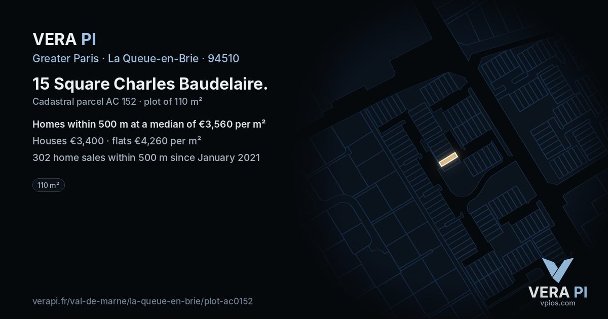 15 Square Charles Baudelaire, La Queue-en-Brie at night – the plot lit, the parcels around coloured by the prices near them