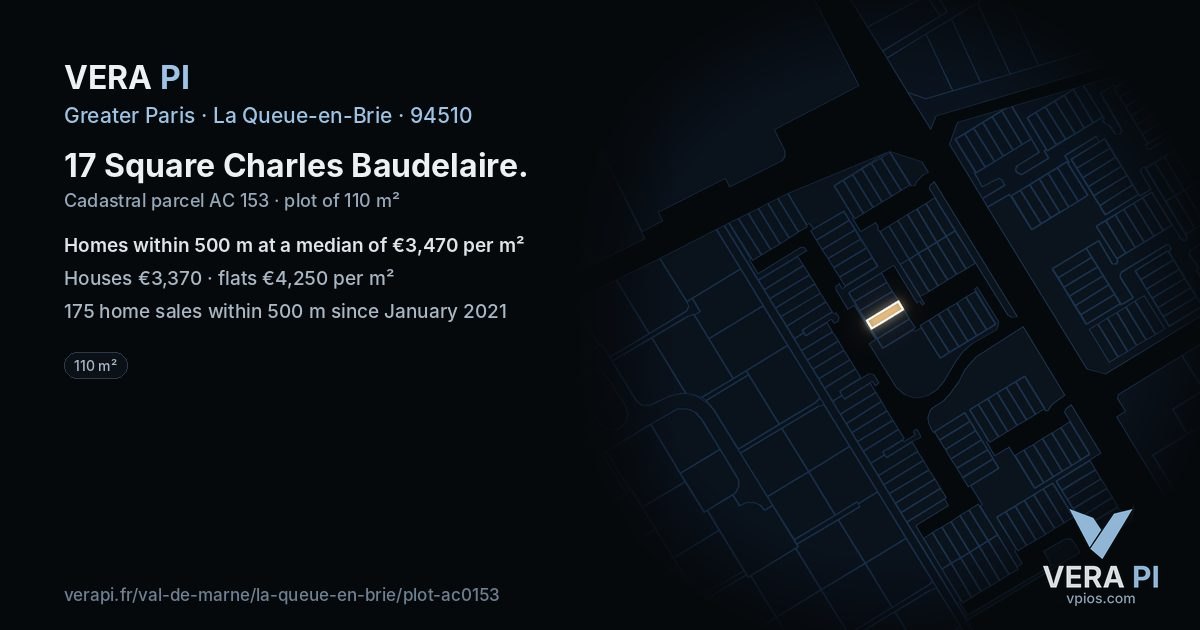 17 Square Charles Baudelaire, La Queue-en-Brie at night – the plot lit, the parcels around coloured by the prices near them