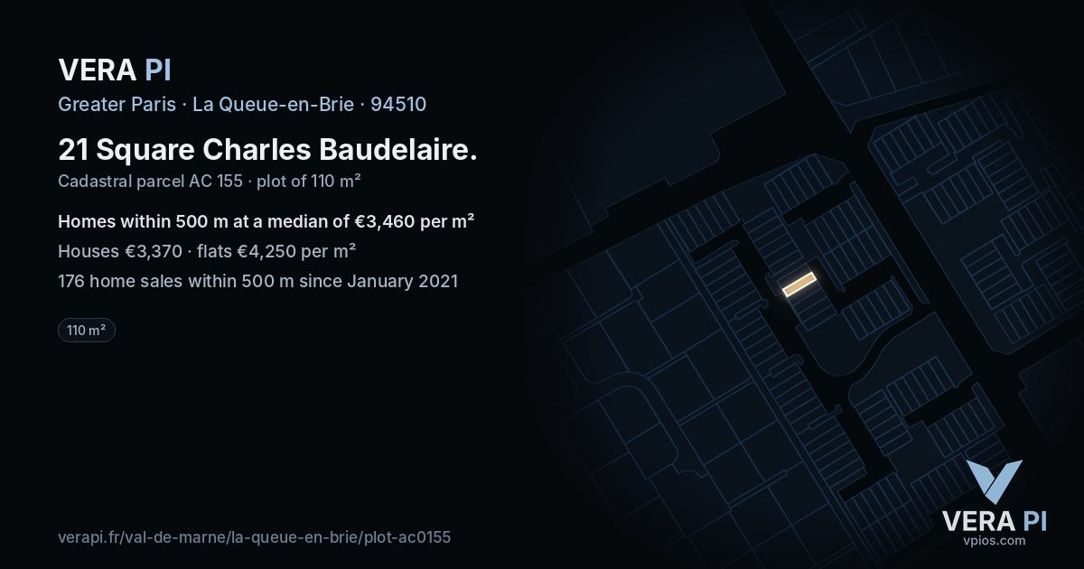 21 Square Charles Baudelaire, La Queue-en-Brie at night – the plot lit, the parcels around coloured by the prices near them