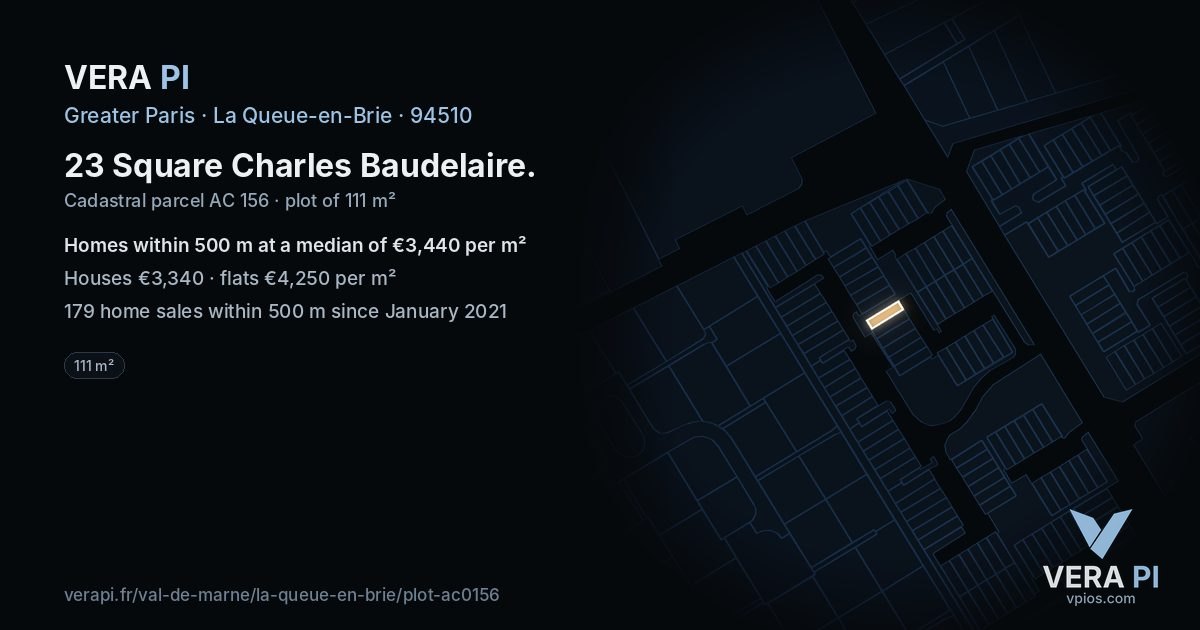 23 Square Charles Baudelaire, La Queue-en-Brie at night – the plot lit, the parcels around coloured by the prices near them