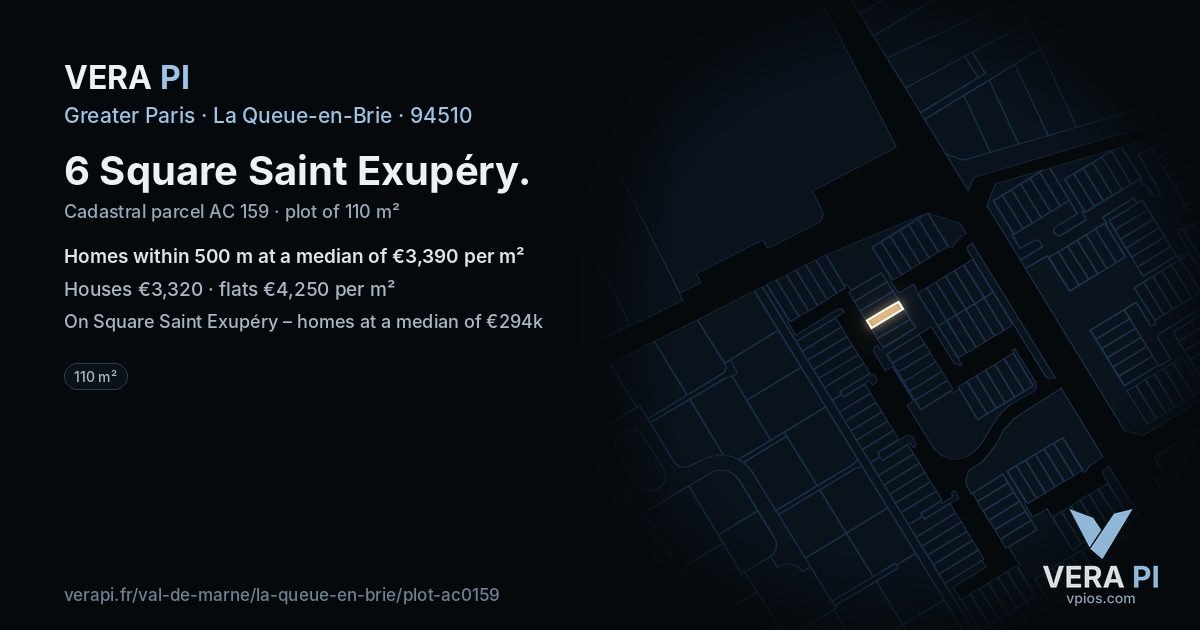 6 Square Saint Exupéry, La Queue-en-Brie at night – the plot lit, the parcels around coloured by the prices near them