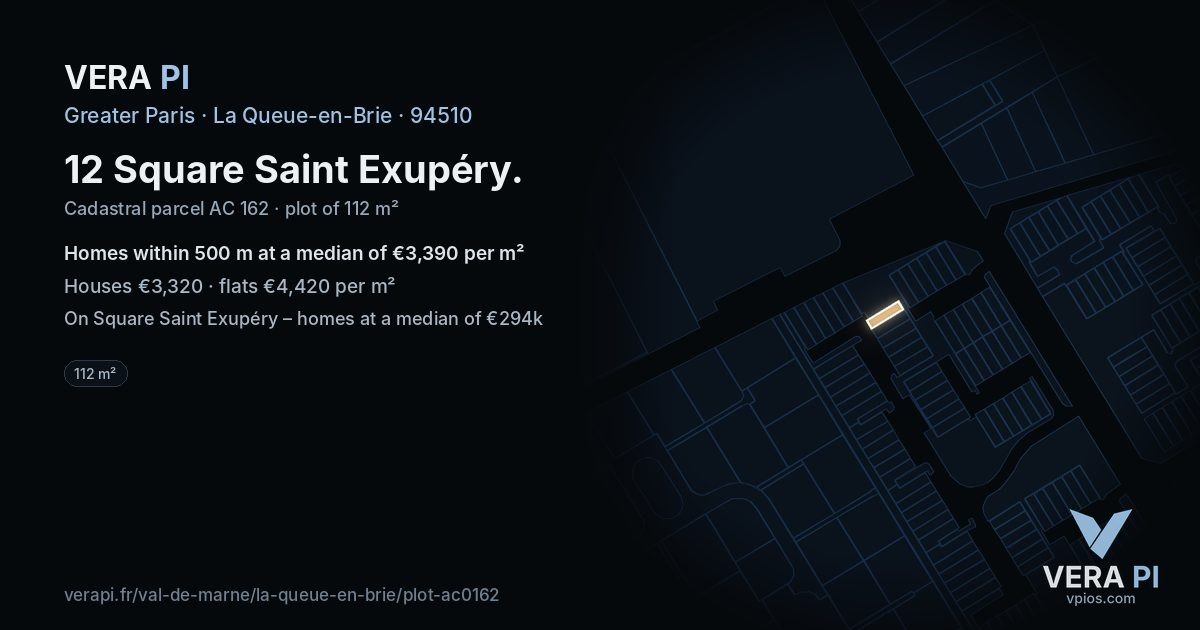 12 Square Saint Exupéry, La Queue-en-Brie at night – the plot lit, the parcels around coloured by the prices near them