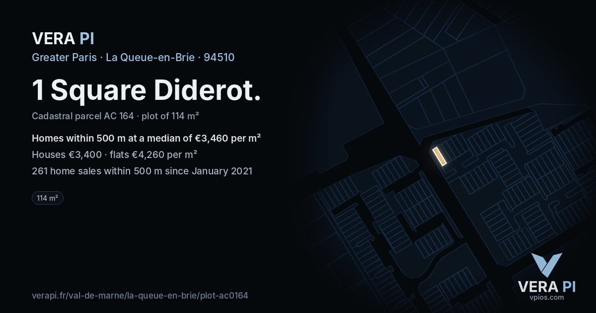 1 Square Diderot, La Queue-en-Brie at night – the plot lit, the parcels around coloured by the prices near them