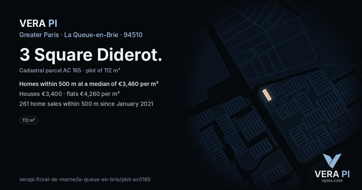 3 Square Diderot, La Queue-en-Brie at night – the plot lit, the parcels around coloured by the prices near them