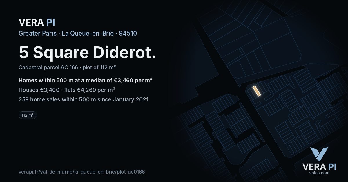 5 Square Diderot, La Queue-en-Brie at night – the plot lit, the parcels around coloured by the prices near them