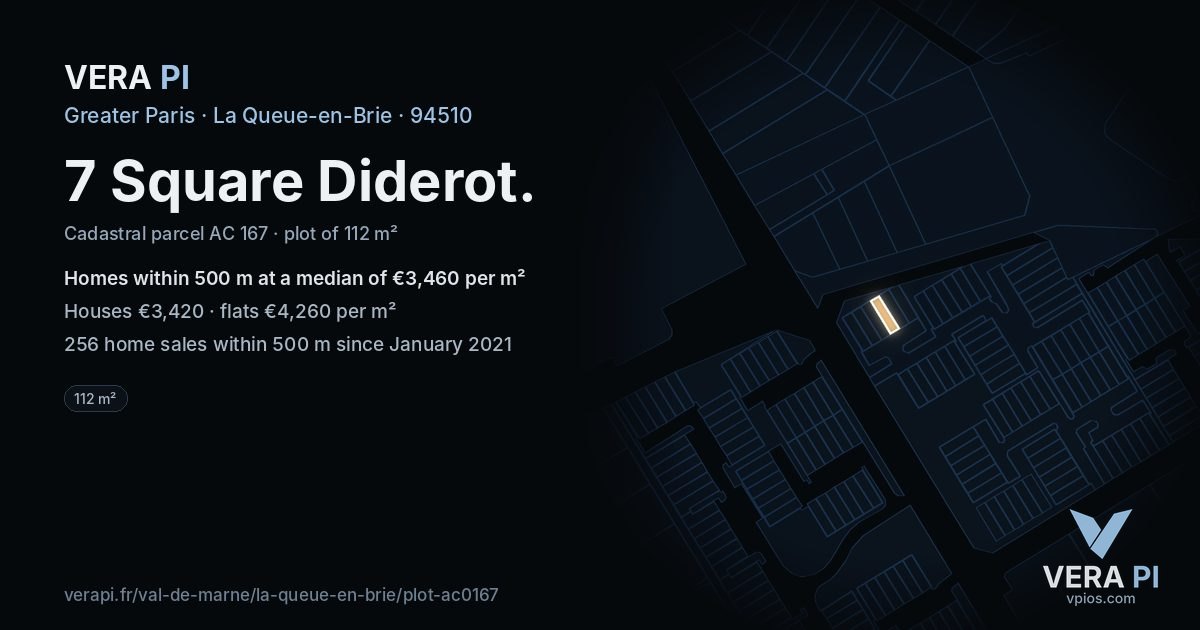 7 Square Diderot, La Queue-en-Brie at night – the plot lit, the parcels around coloured by the prices near them