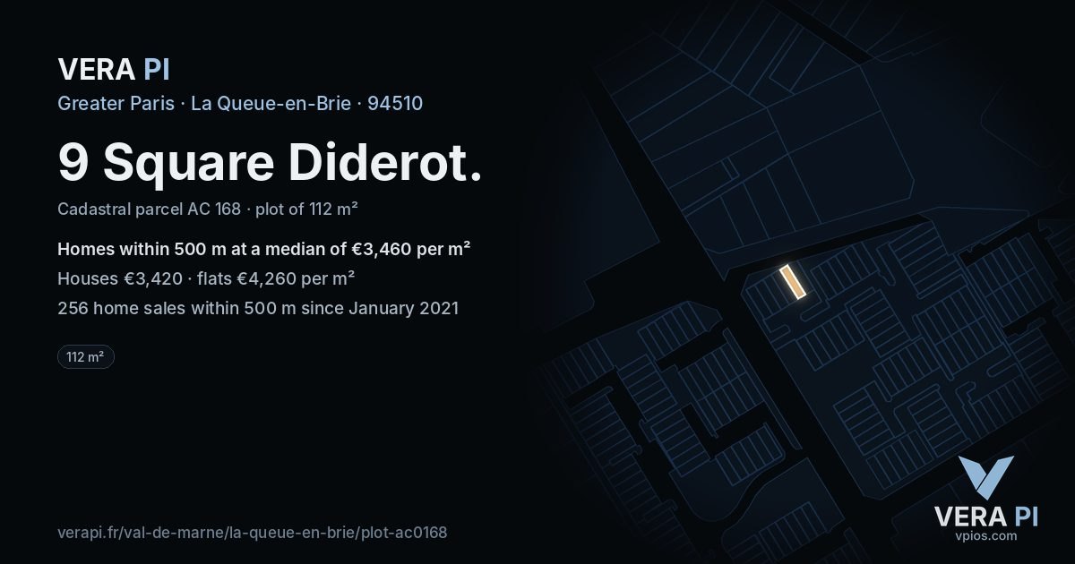 9 Square Diderot, La Queue-en-Brie at night – the plot lit, the parcels around coloured by the prices near them