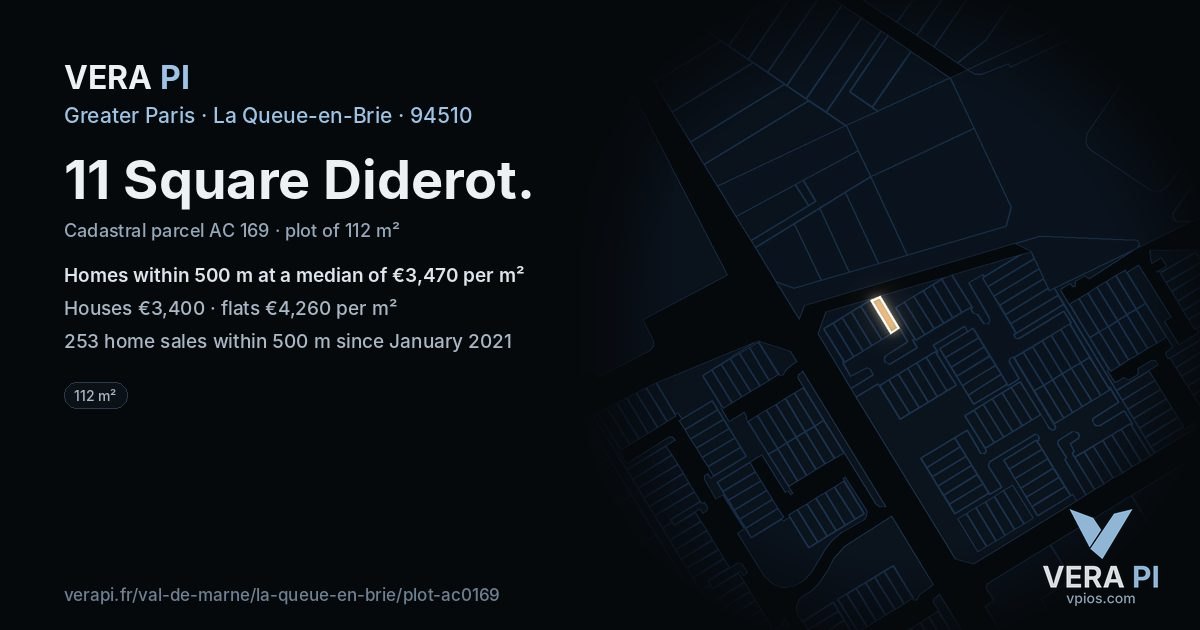 11 Square Diderot, La Queue-en-Brie at night – the plot lit, the parcels around coloured by the prices near them